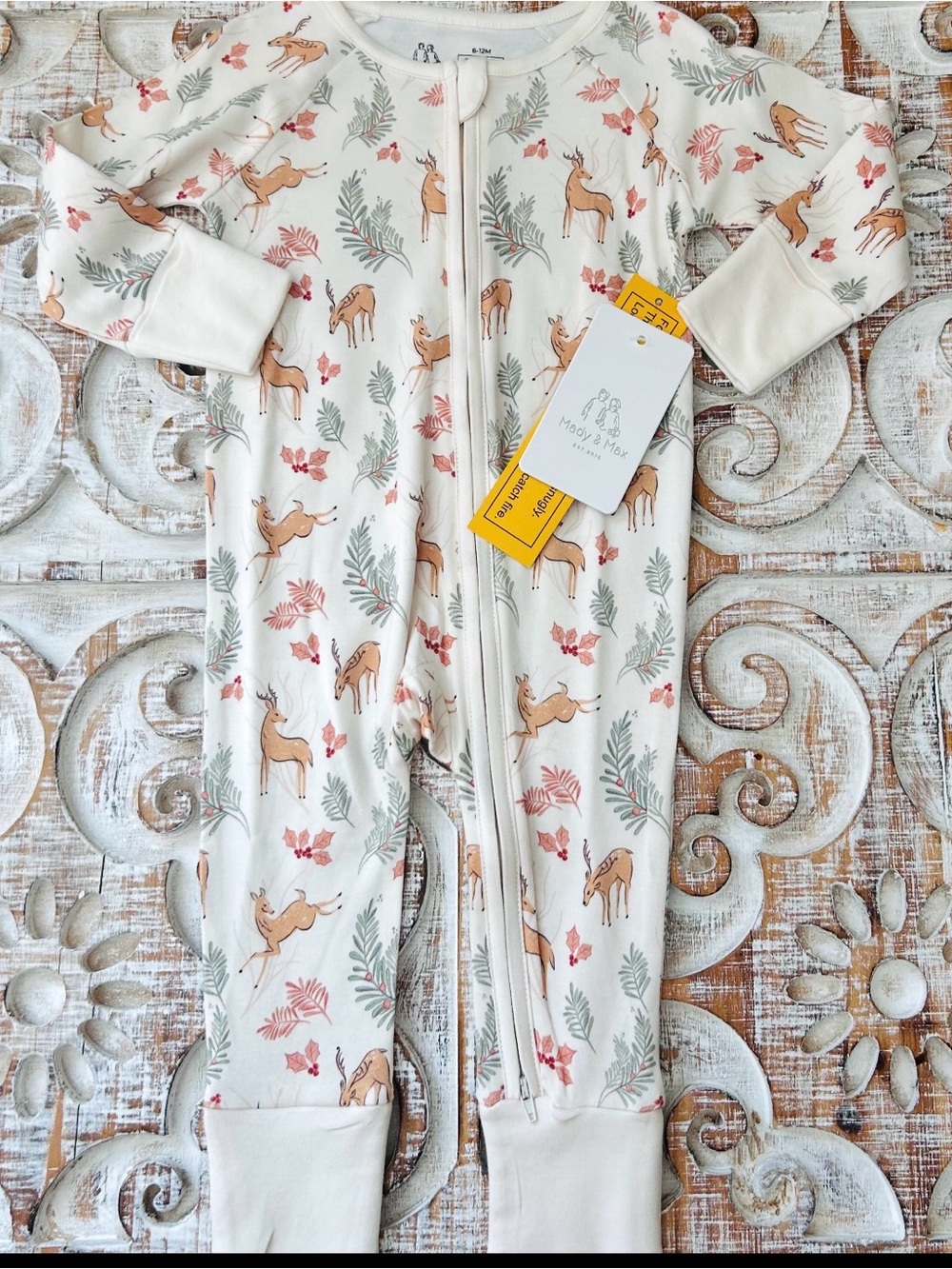 Organic Cotton and Bamboo Deer Print Convertible Zippy One-Piece - White / Tan